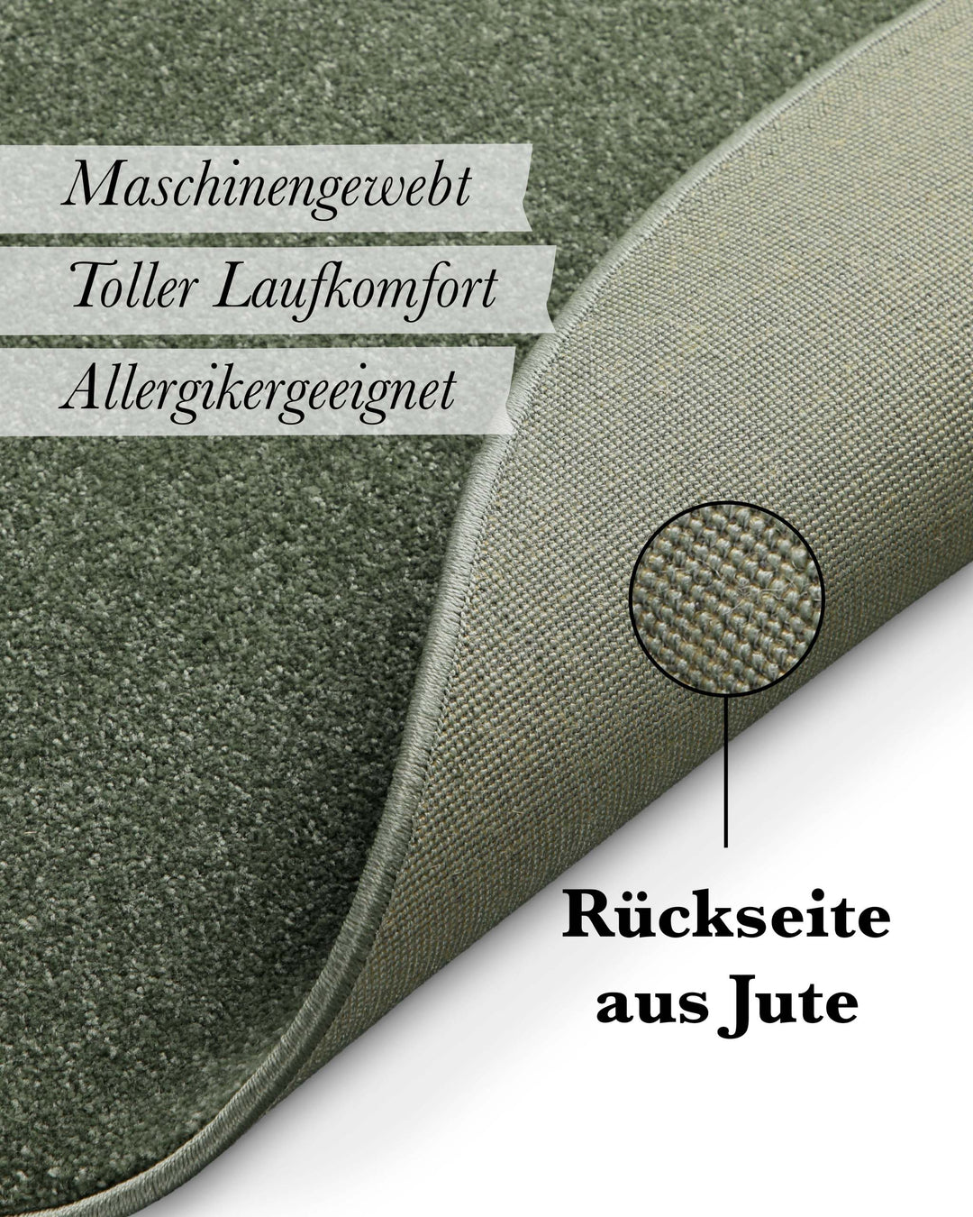 Kurzflor Teppich Freja Laub Grün rund Detail der Rückseite mit Hinweis auf Jute-Träger und Materialaufbau