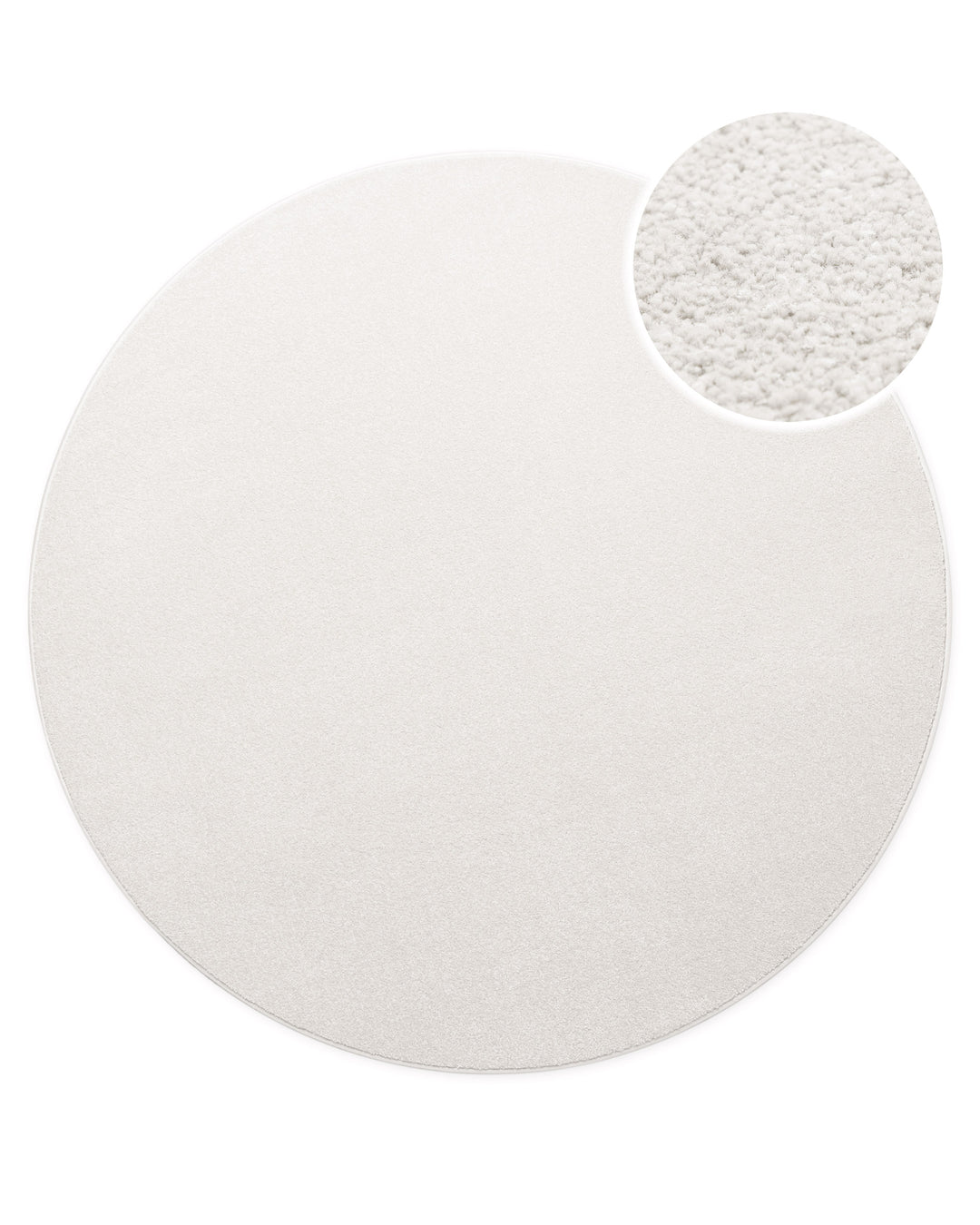 Kurzflor Teppich Freja Creme Weiß rund, Draufsicht mit Detailausschnitt der feinen, gleichmäßigen Oberfläche