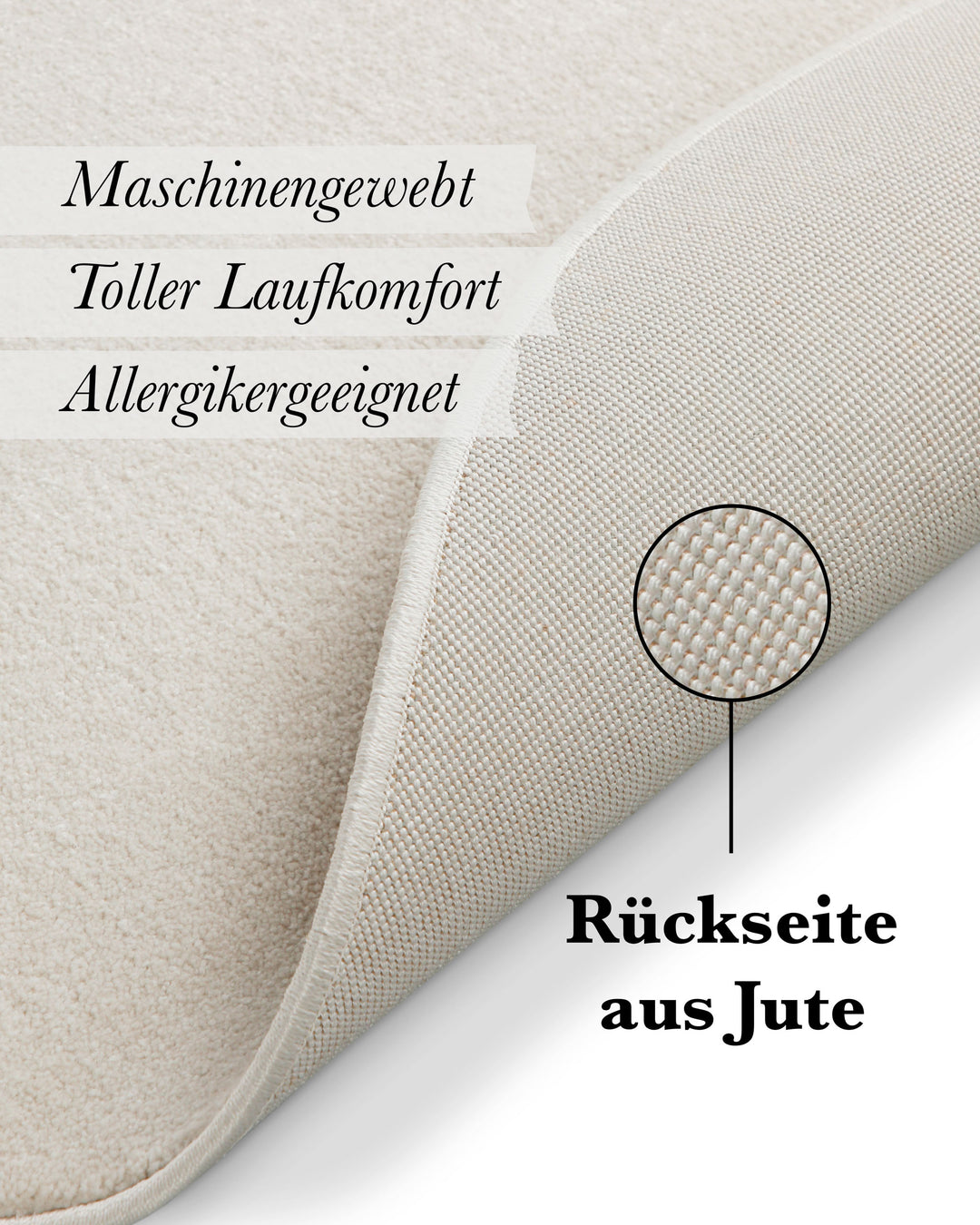 Kurzflor Teppich Freja Creme Weiß rund Detailaufnahme der Oberfläche mit weicher, dichter Struktur