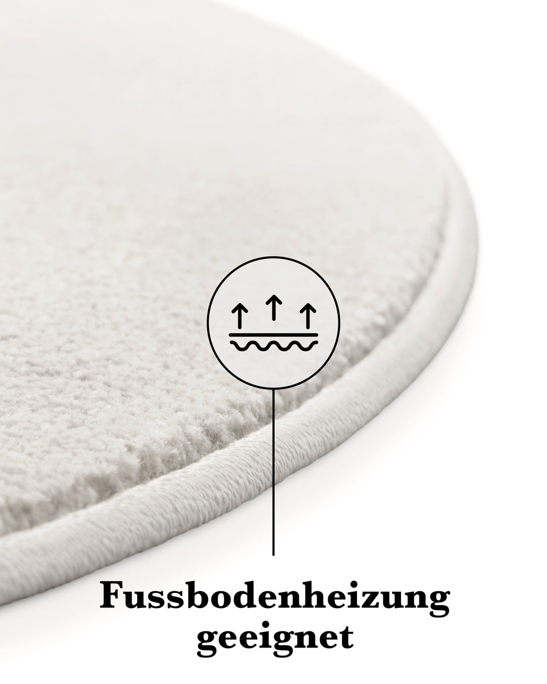 Kurzflor Teppich Freja Creme Weiß rund Detail der Kante mit Hinweis auf Fußbodenheizung geeignet