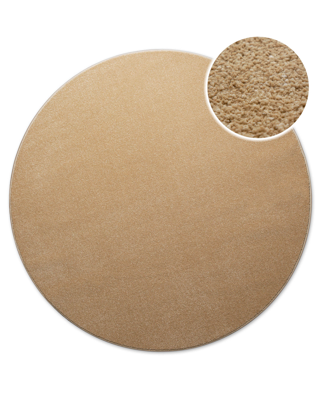 Runder Kurzflor Teppich Freja in Sand Beige, Gesamtansicht von oben mit kleinem Detail der Oberflächenstruktur