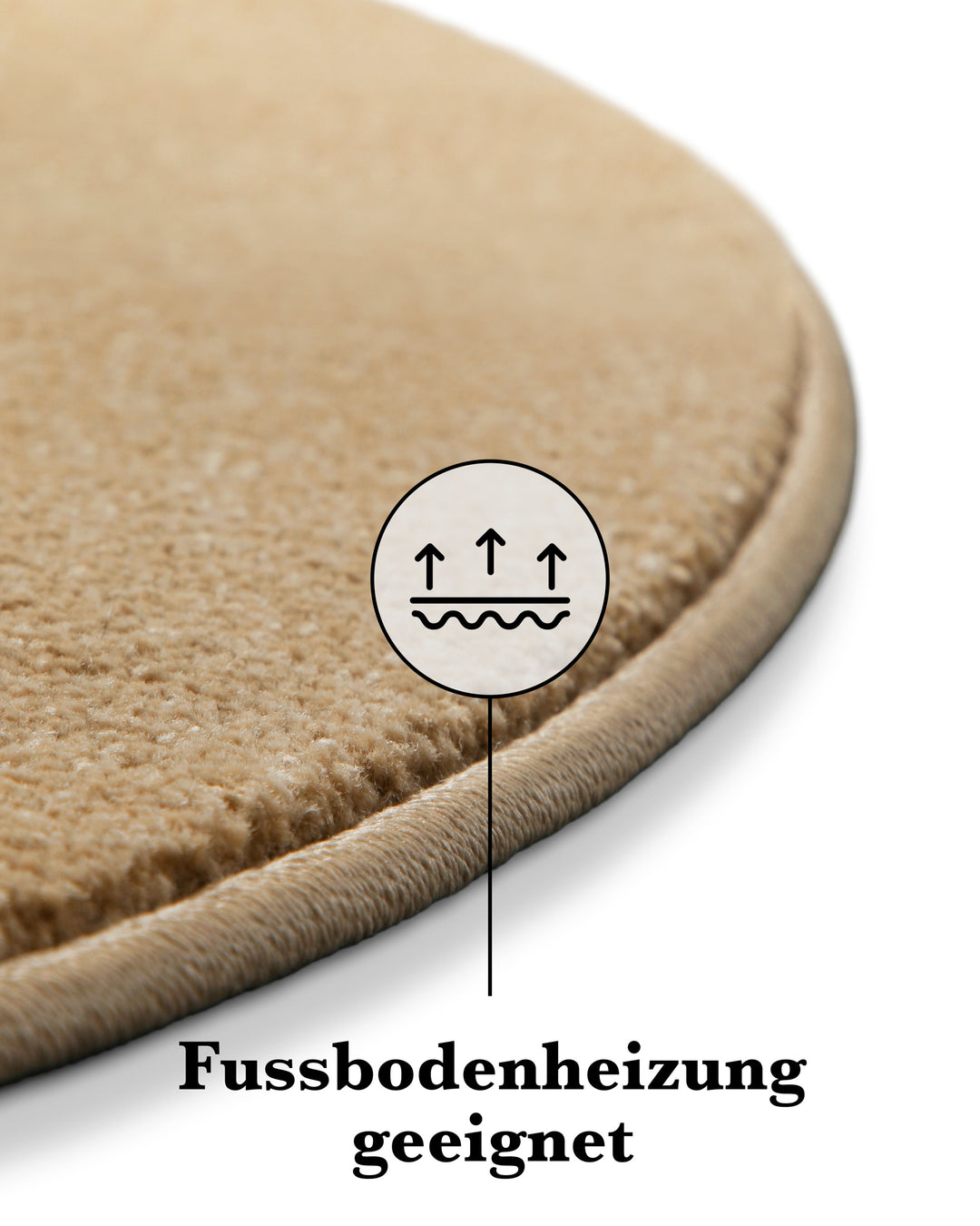 Detail der Teppichkante mit Symbolhinweis zur Eignung für Fußbodenheizung