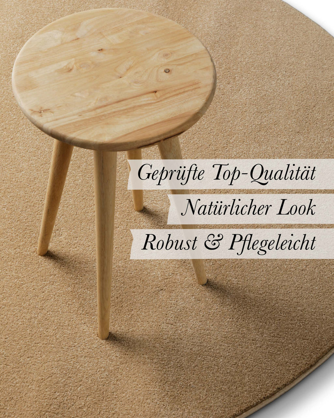 Wohnbild mit eingeblendeten Produkteigenschaften wie geprüfte Qualität und natürlicher Look