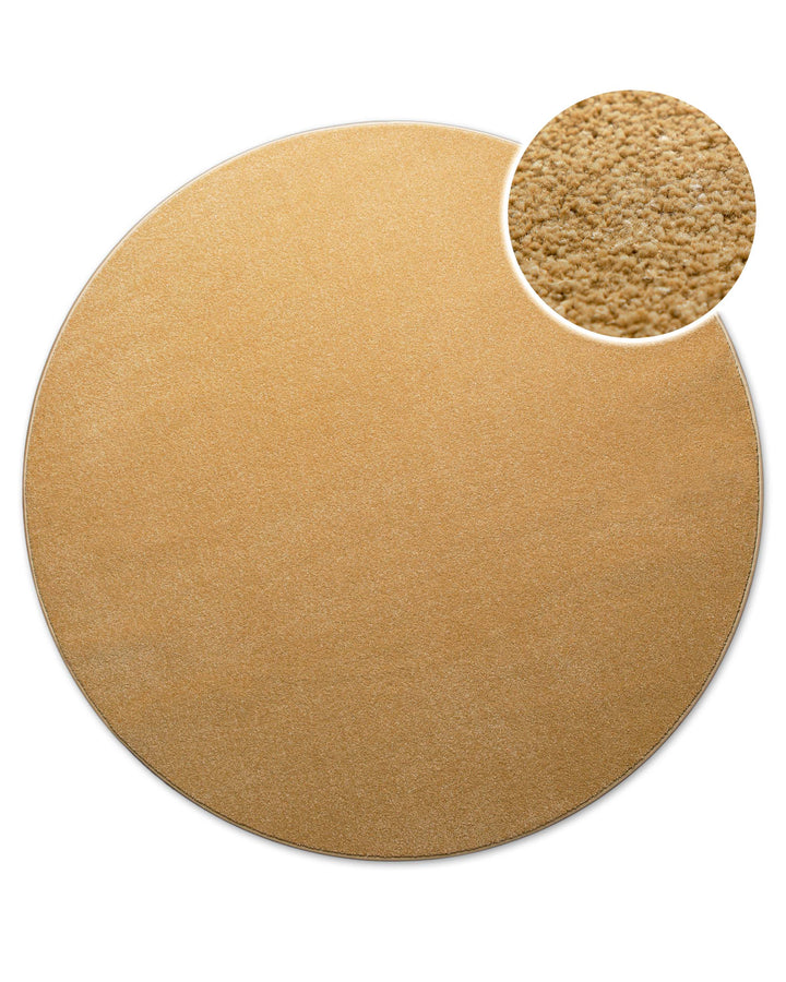 Runde Teppichform in Ocker Gelb von oben betrachtet, inklusive vergrößertem Ausschnitt der Oberfläche