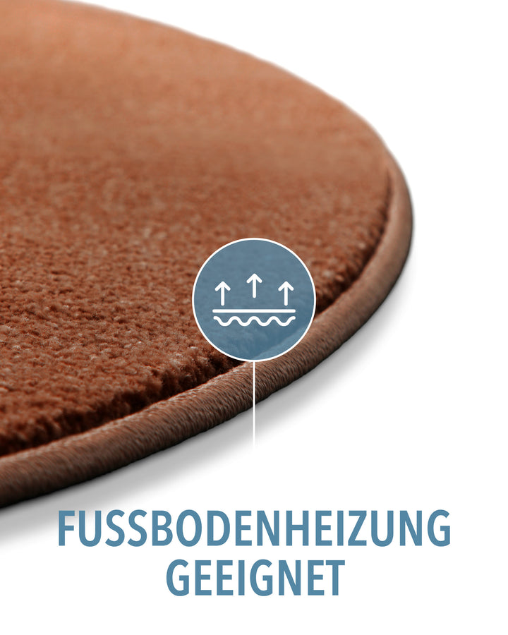 Kurzflor Teppich Montepulciano Ziegel Rot rund Detail mit Symbol für Fußbodenheizung geeignet