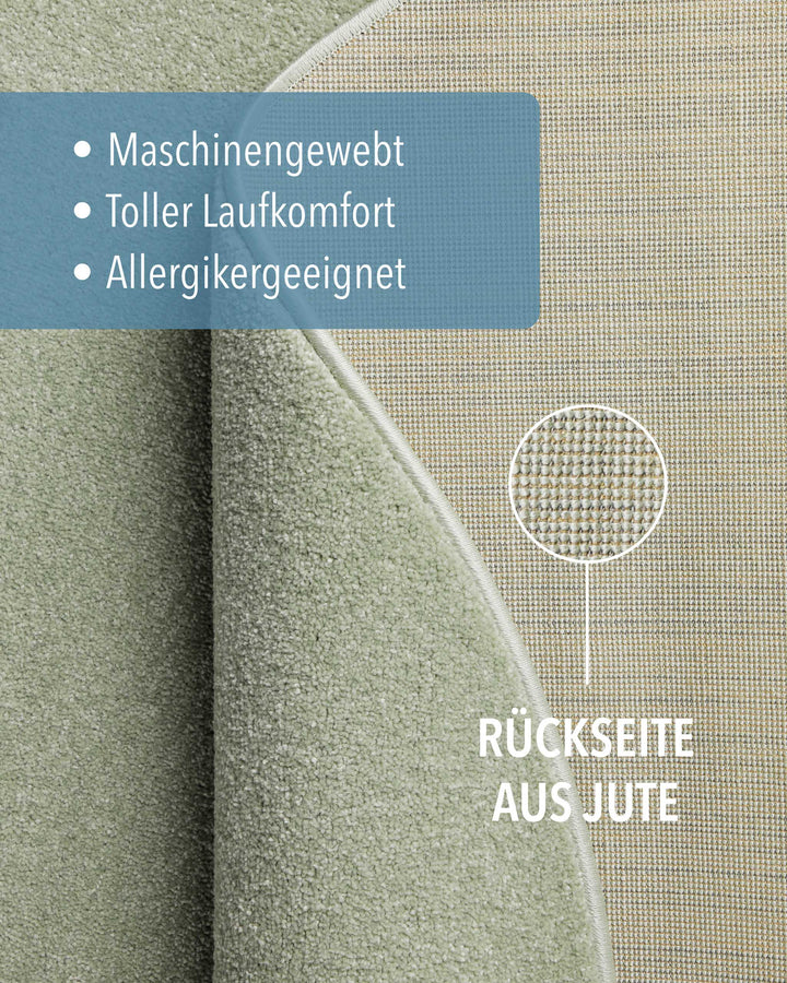 Kurzflor Teppich Montepulciano Lindgrün rund Detail der Rückseite aus Jute und Materialaufbau