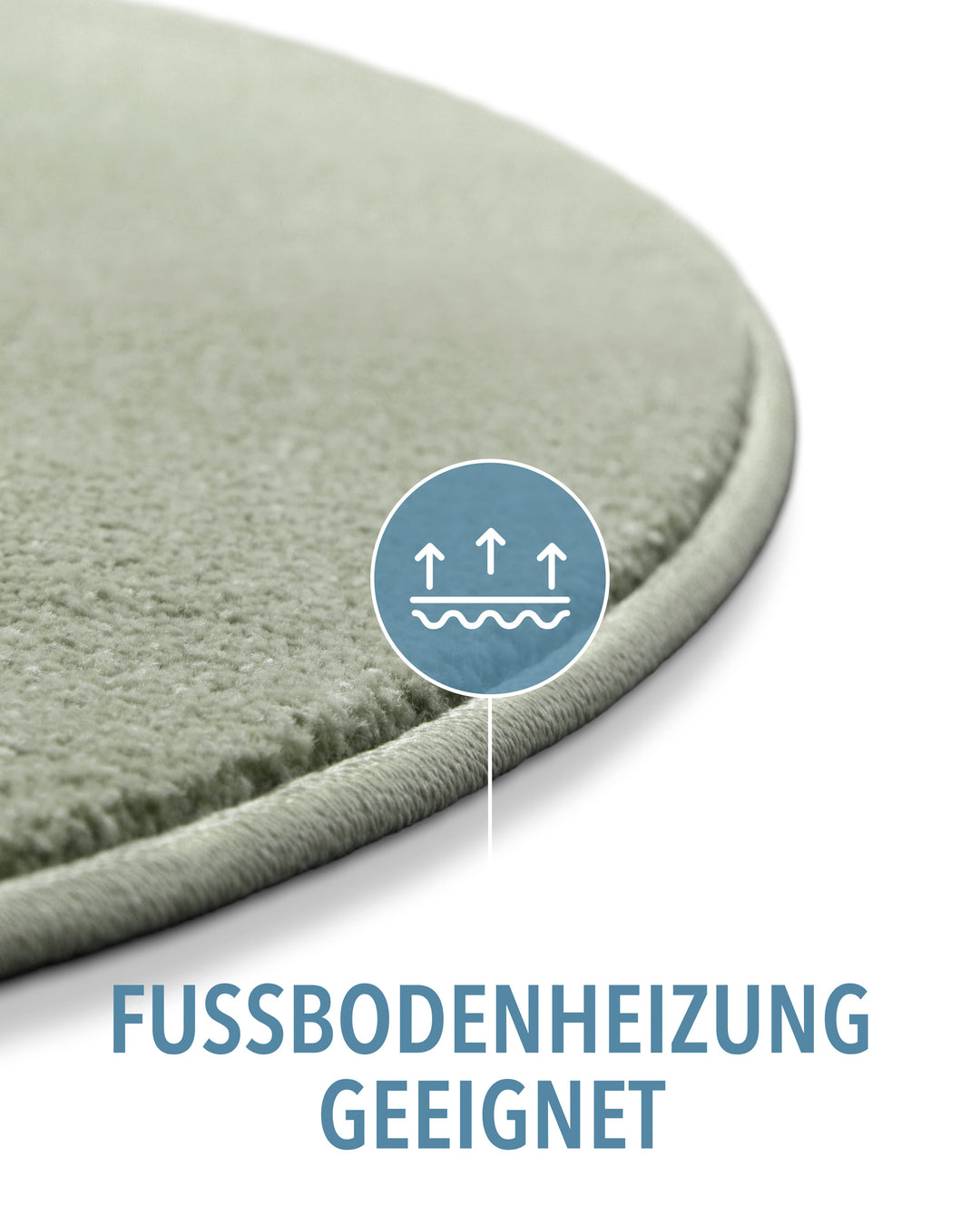 Kurzflor Teppich Montepulciano Lindgrün rund Detail mit Symbol für Fußbodenheizung geeignet