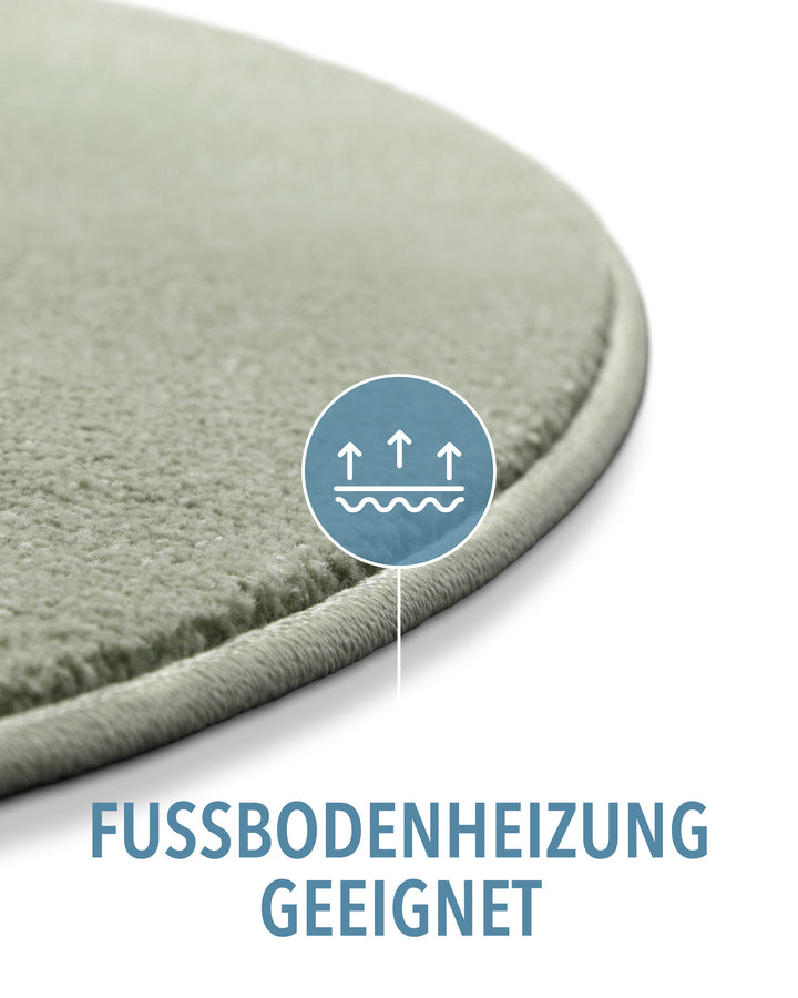 Kurzflor Teppich Montepulciano Lindgrün rund Detail mit Symbol für Fußbodenheizung geeignet