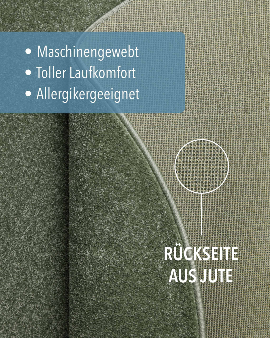 Kurzflor Teppich Montepulciano Laub Grün rund Detail Rückseite aus Jute