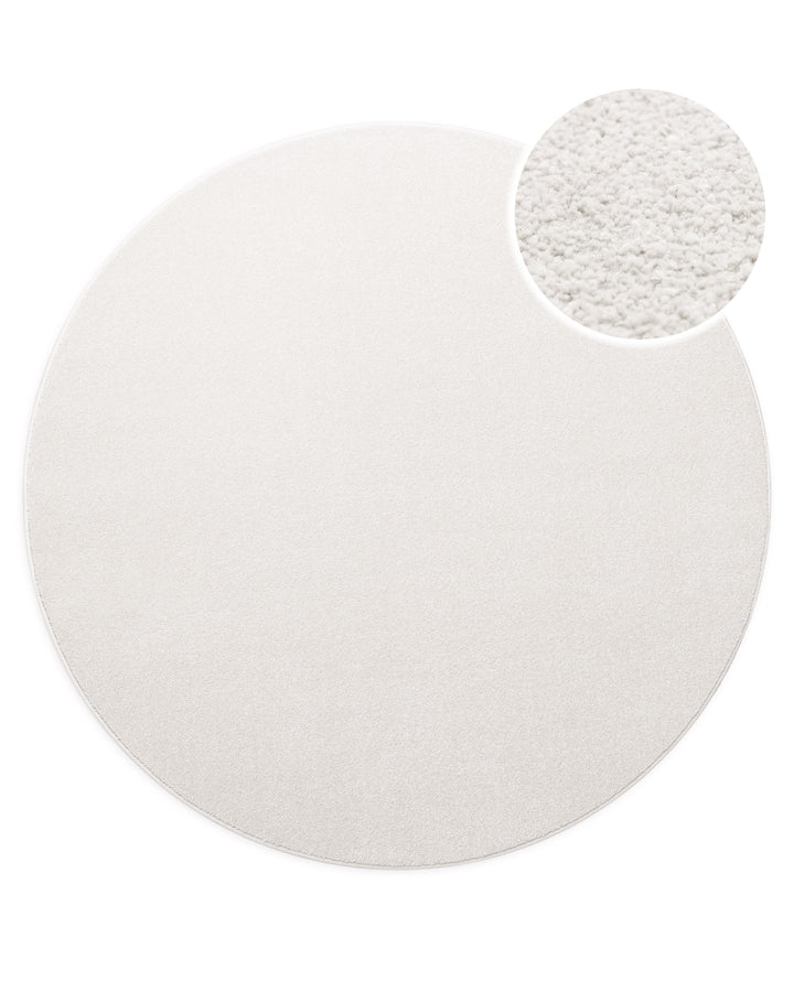 Kurzflor Teppich Montepulciano Creme Weiß rund, Draufsicht mit Detail der feinen Florstruktur