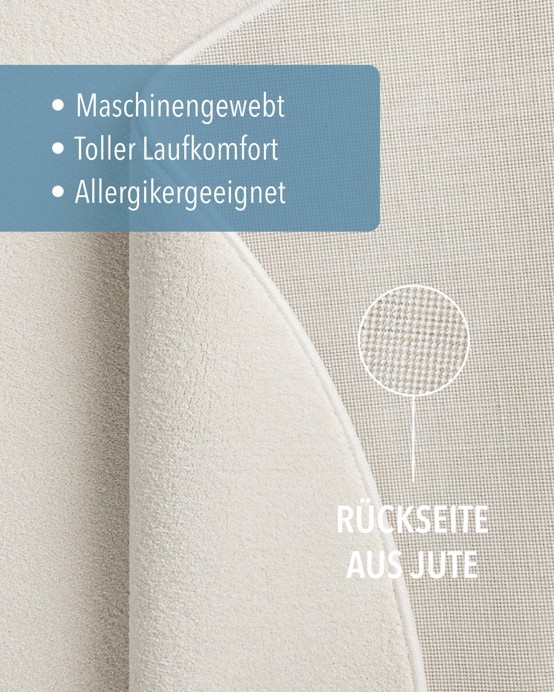 Kurzflor Teppich Montepulciano Creme Weiß rund Detail der Rückseite aus Jute und Materialaufbau