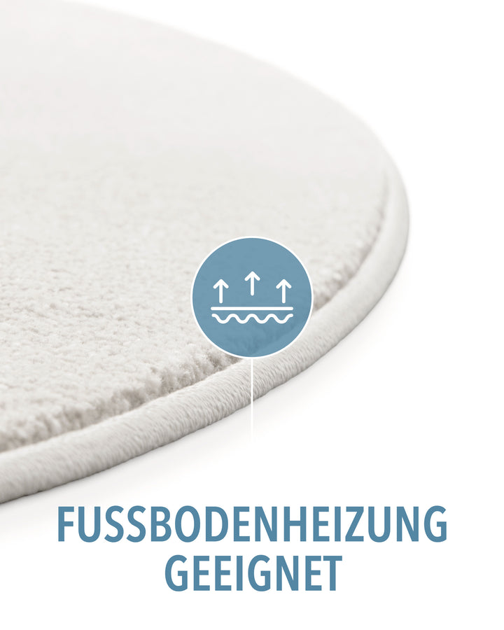 Kurzflor Teppich Montepulciano Creme Weiß rund Detail mit Symbol für Fußbodenheizung geeignet