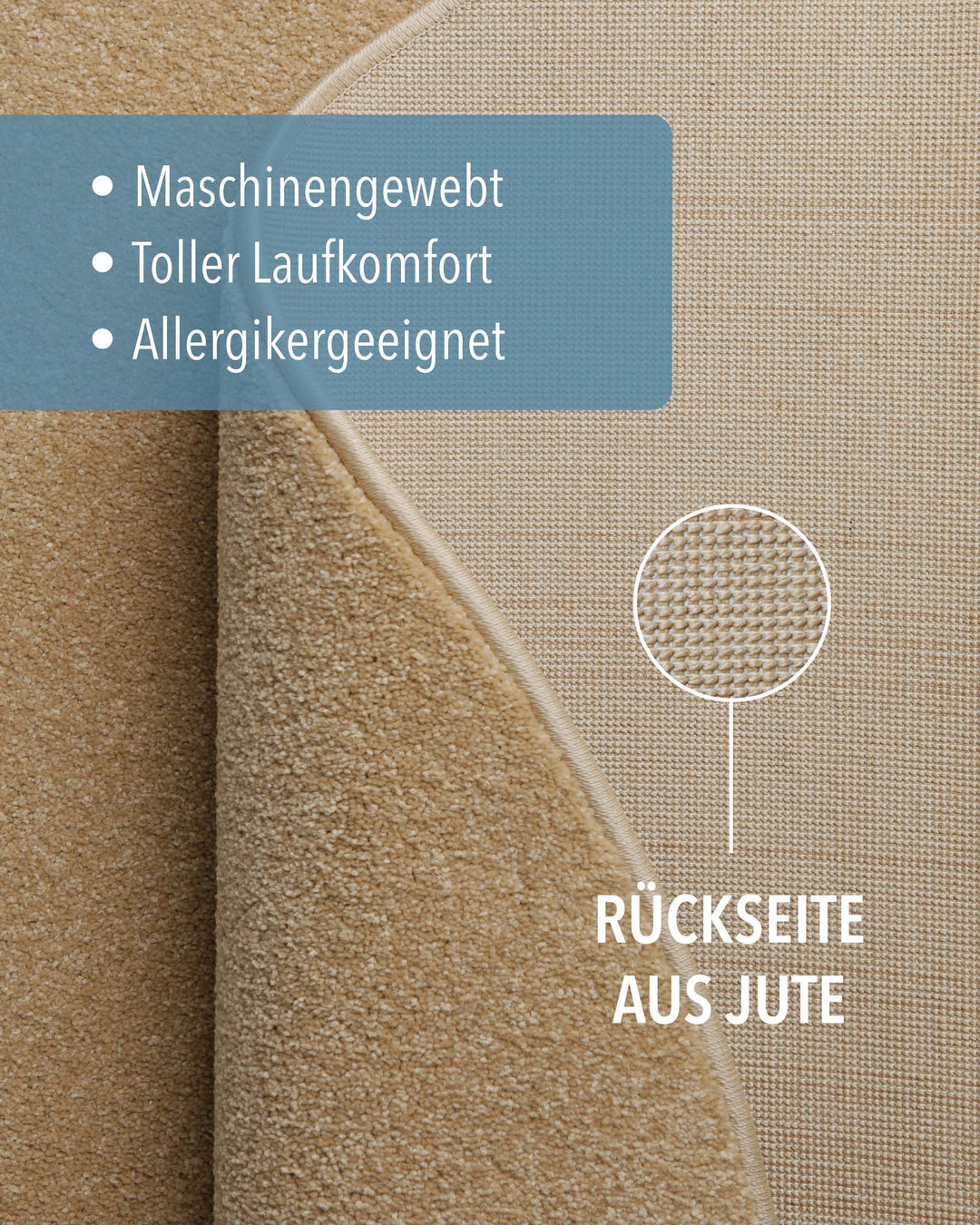 Kurzflor Teppich Montepulciano Sand Beige rund Detail der Rückseite aus Jute und Materialaufbau