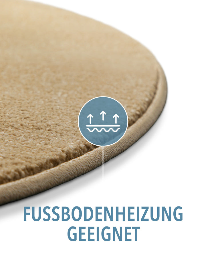 Kurzflor Teppich Montepulciano Sand Beige rund Detail mit Symbol für Fußbodenheizung geeignet