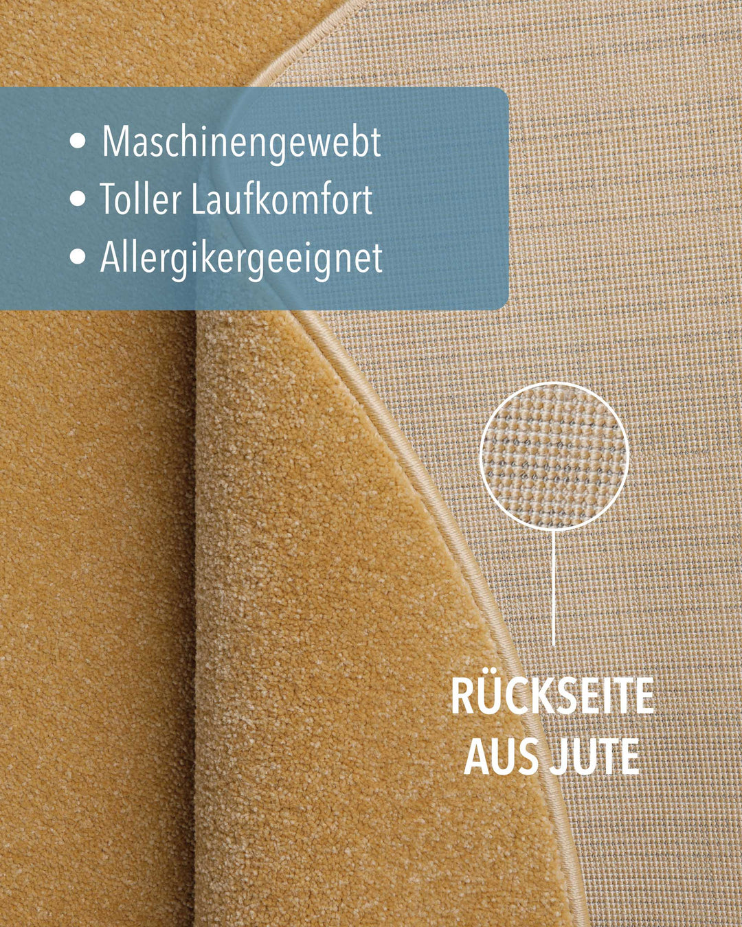 Kurzflor Teppich Montepulciano Ocker Gelb rund Detail der Rückseite aus Jute und Materialaufbau