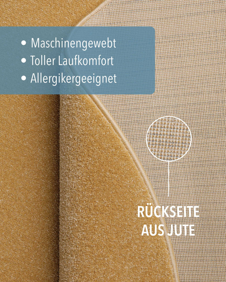 Kurzflor Teppich Montepulciano Ocker Gelb rund Detail der Rückseite aus Jute und Materialaufbau