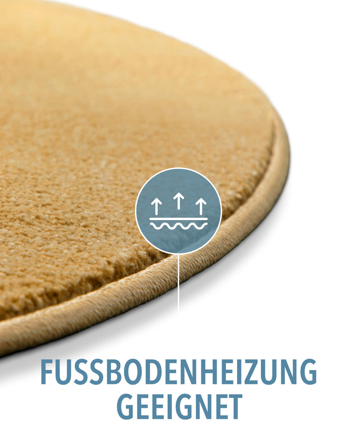 Kurzflor Teppich Montepulciano Ocker Gelb rund Detail mit Symbol für Fußbodenheizung geeignet