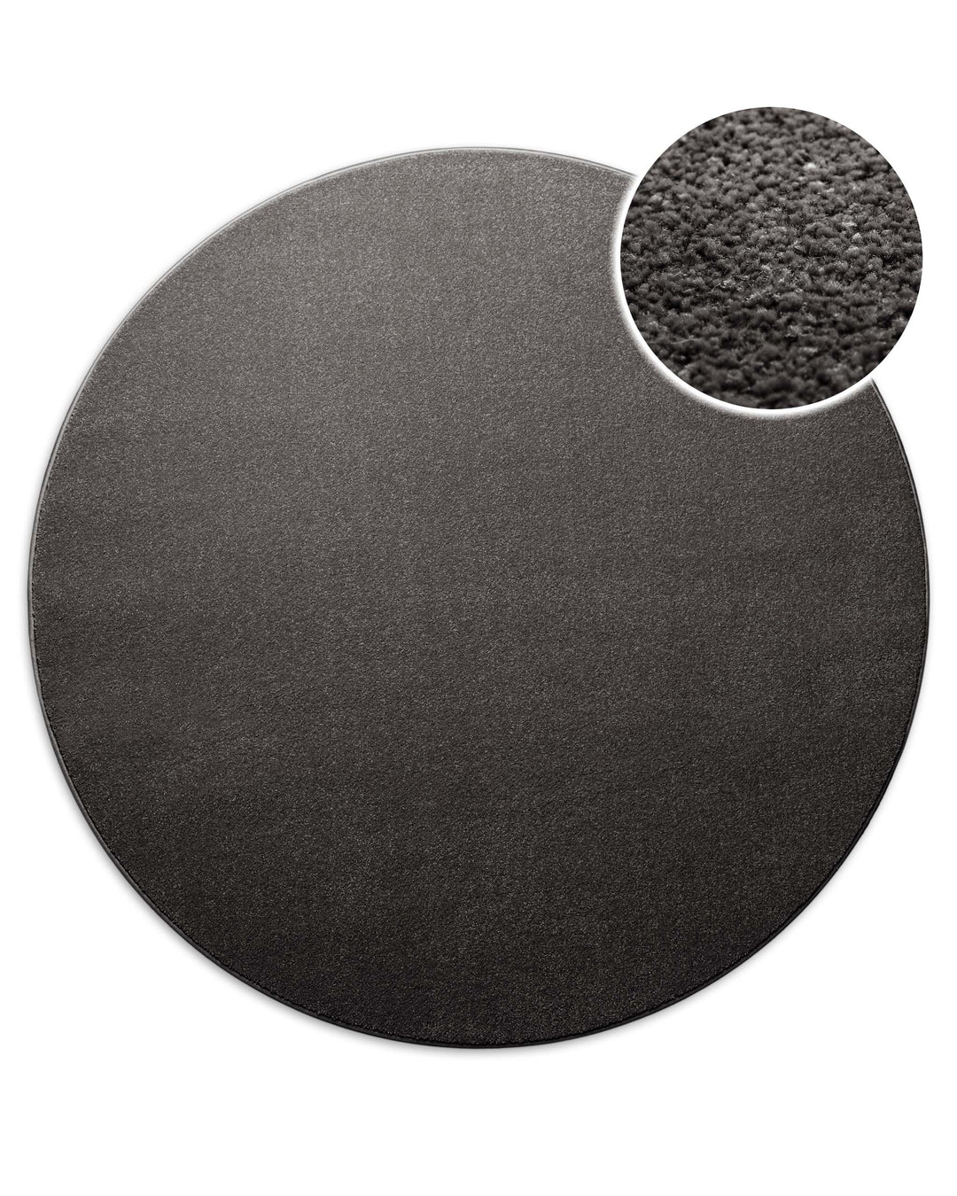 Kurzflor Teppich Montepulciano Anthrazit Grau rund, Draufsicht mit vergrößerter Detailansicht der dichten Florstruktur