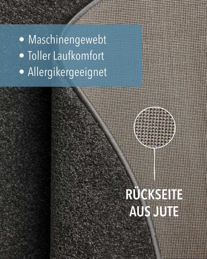 Kurzflor Teppich Montepulciano Anthrazit Grau rund Detail der Rückseite mit Jute und erklärender Materialgrafik