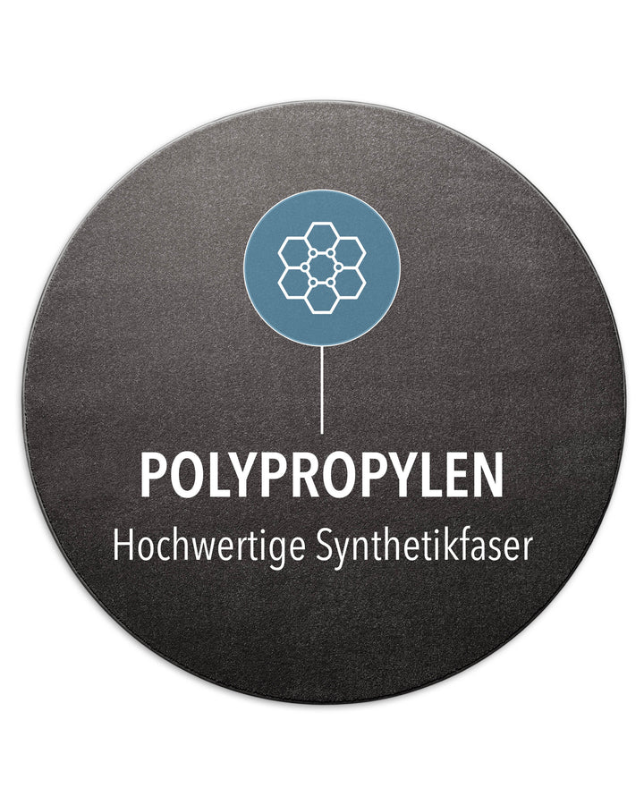 Kurzflor Teppich Montepulciano Anthrazit Grau rund mit Materialhinweis Polypropylen, robust und strapazierfähig