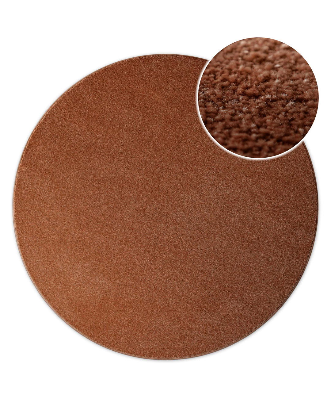 Kurzflor Teppich Vegas Rot rund, Draufsicht mit Detailausschnitt der Florstruktur auf hellem Hintergrund