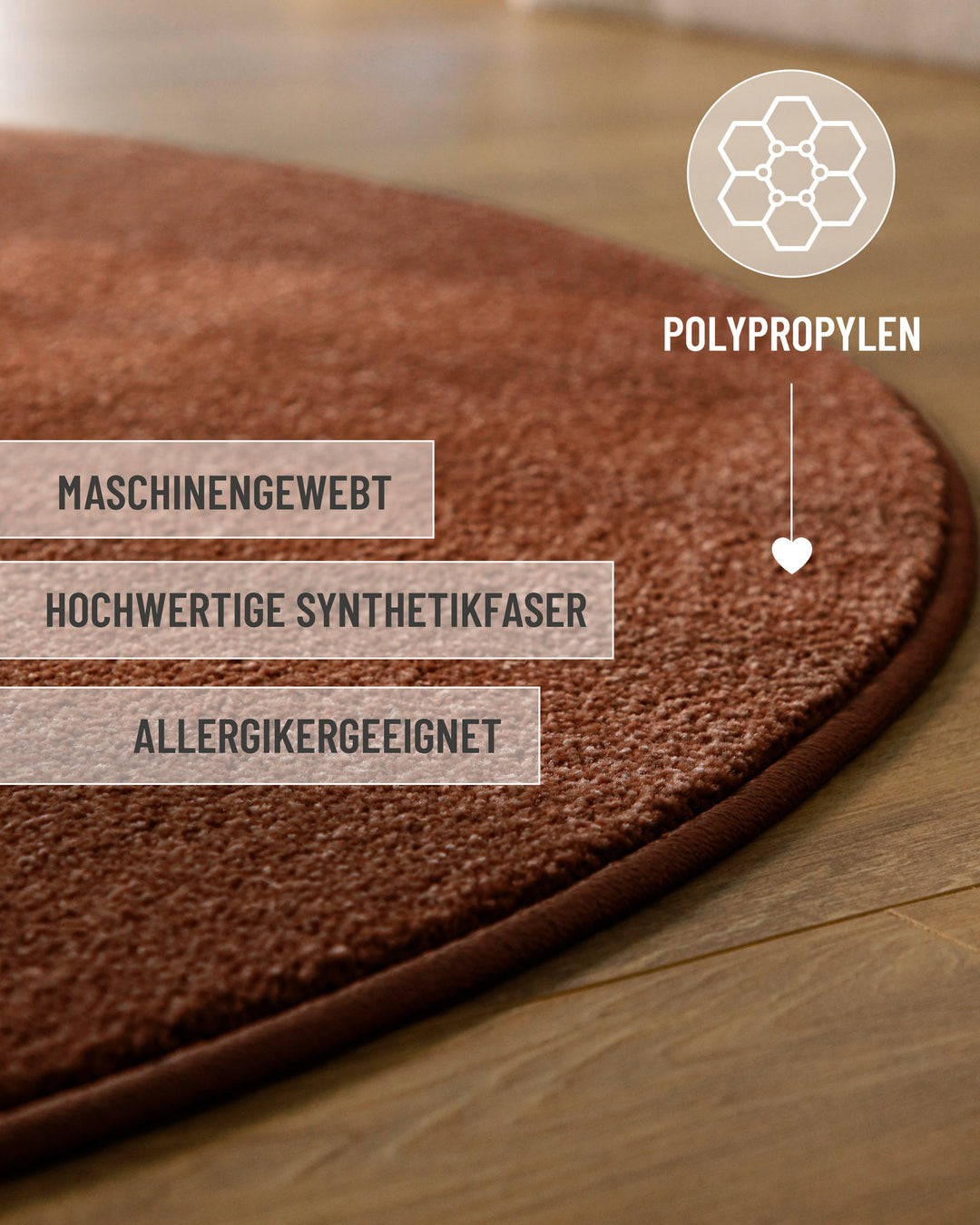 Kurzflor Teppich Vegas Rot rund Detailaufnahme mit Einblendung zu Material und Pflege, dichter Kurzflor sichtbar