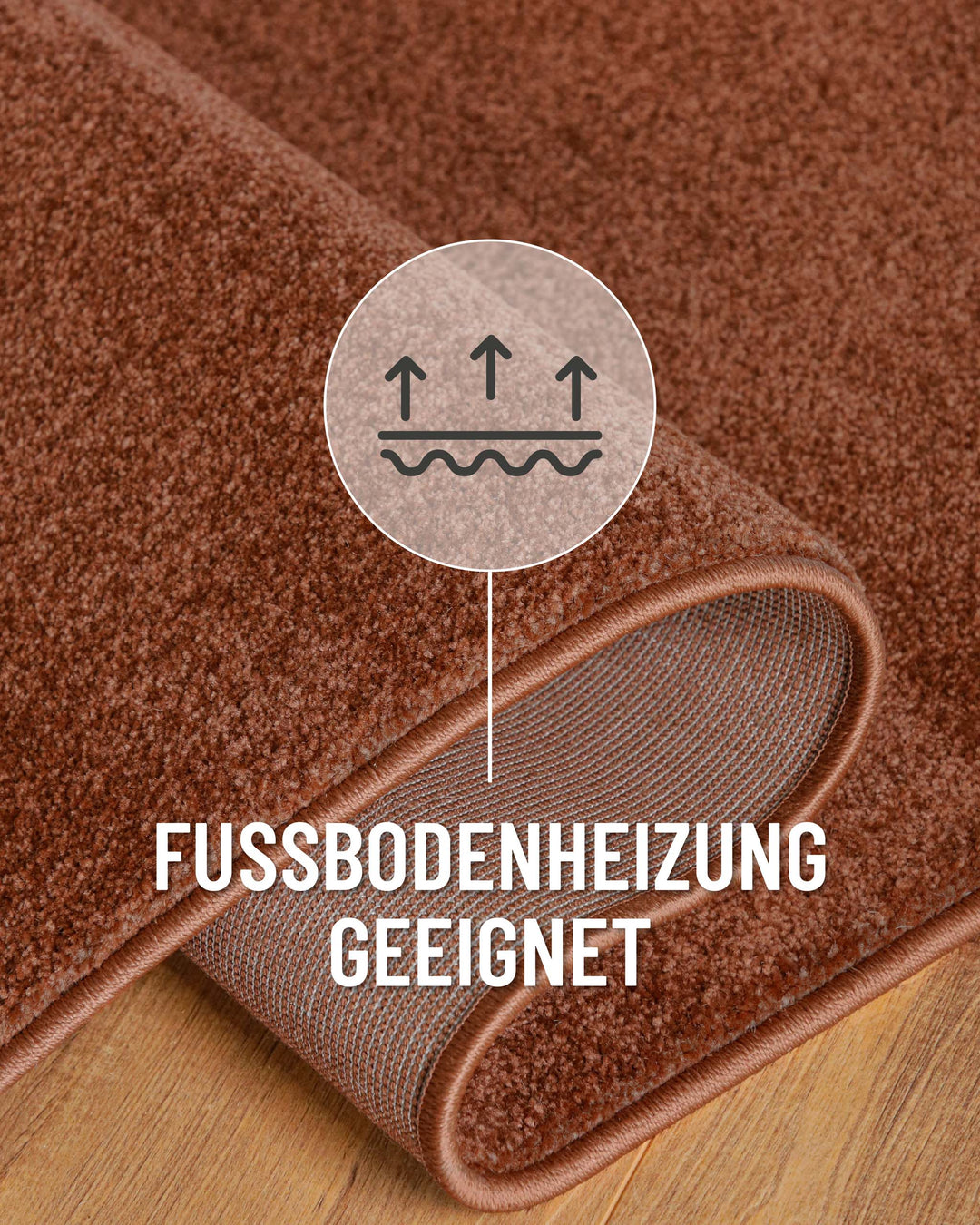 Kurzflor Teppich Vegas Rot rund Detail mit umgeschlagener Ecke und Symbol für Fußbodenheizung