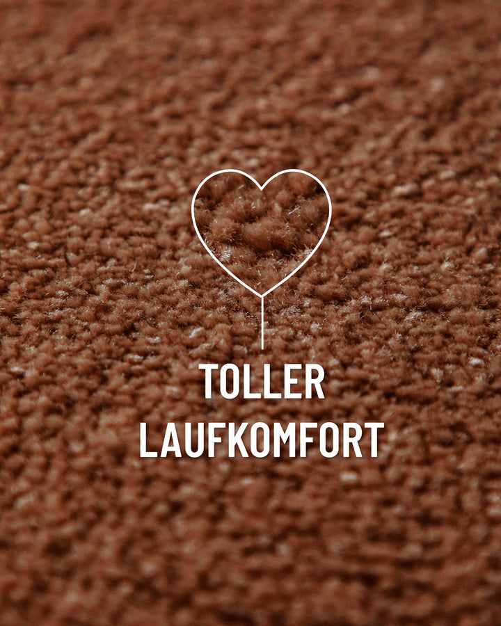 Kurzflor Teppich Vegas Rot rund Nahaufnahme mit Einblendung zum Laufgefühl, feine Florstruktur sichtbar