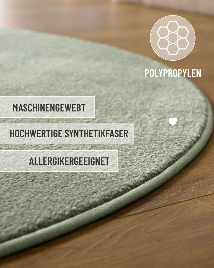Kurzflor Teppich Vegas Hellgrün rund Detailaufnahme mit Einblendung zu Material und Pflege, feine Struktur sichtbar