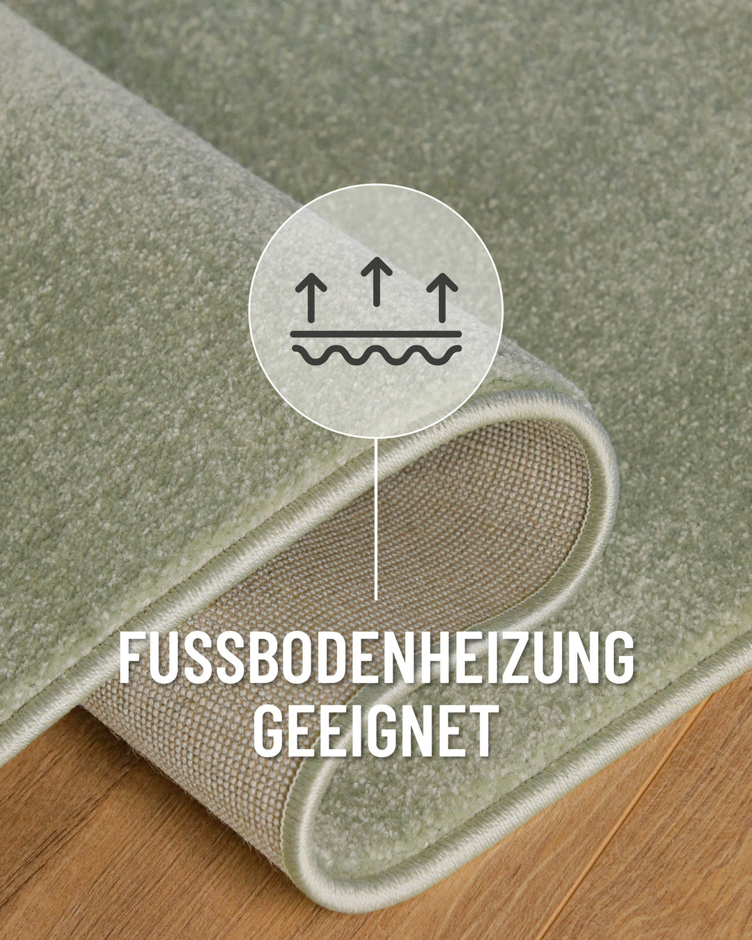 Kurzflor Teppich Vegas Hellgrün rund Detail mit umgeschlagener Ecke und Symbol für Fußbodenheizung