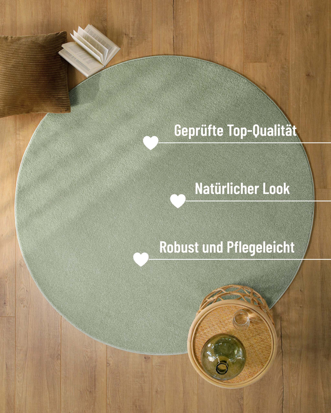 Kurzflor Teppich Vegas Hellgrün rund im Raum mit Einblendung zu Eigenschaften, Fläche unter Licht und Möbeln