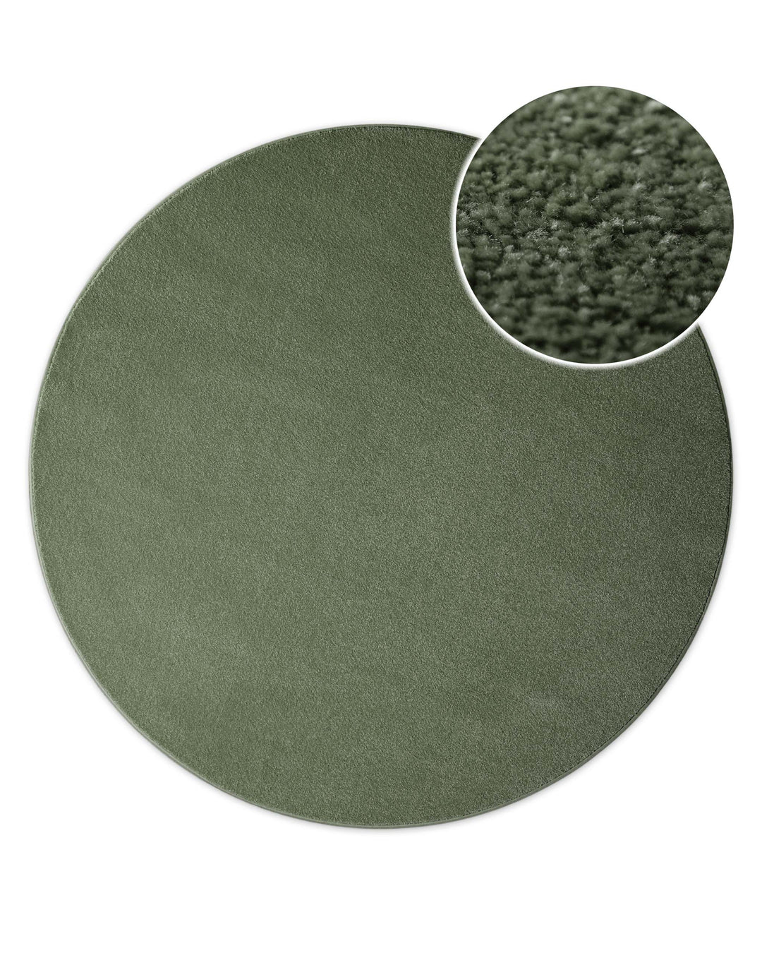 Kurzflor Teppich Vegas Grün rund, Draufsicht mit Detailausschnitt der dichten Florstruktur auf hellem Hintergrund