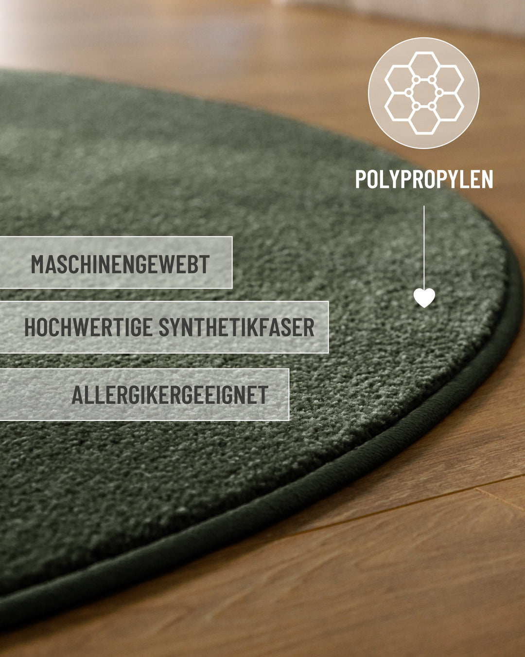 Kurzflor Teppich Vegas Grün rund Detailaufnahme mit Einblendung zu Material und Pflege, feine Florstruktur erkennbar