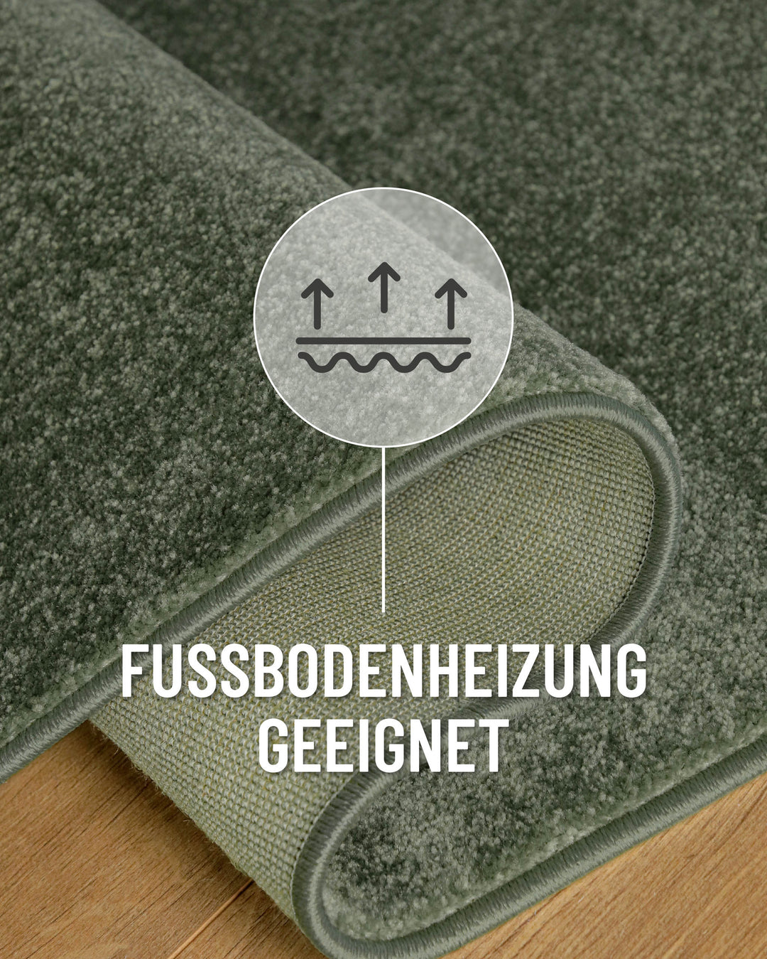Kurzflor Teppich Vegas Grün rund Detail mit umgeschlagener Ecke und Symbol für Fußbodenheizung, Rückseite sichtbar