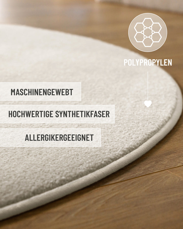 Kurzflor Teppich Vegas Creme rund Detailaufnahme mit Einblendung zu Material und Pflege, dichte Florstruktur erkennbar