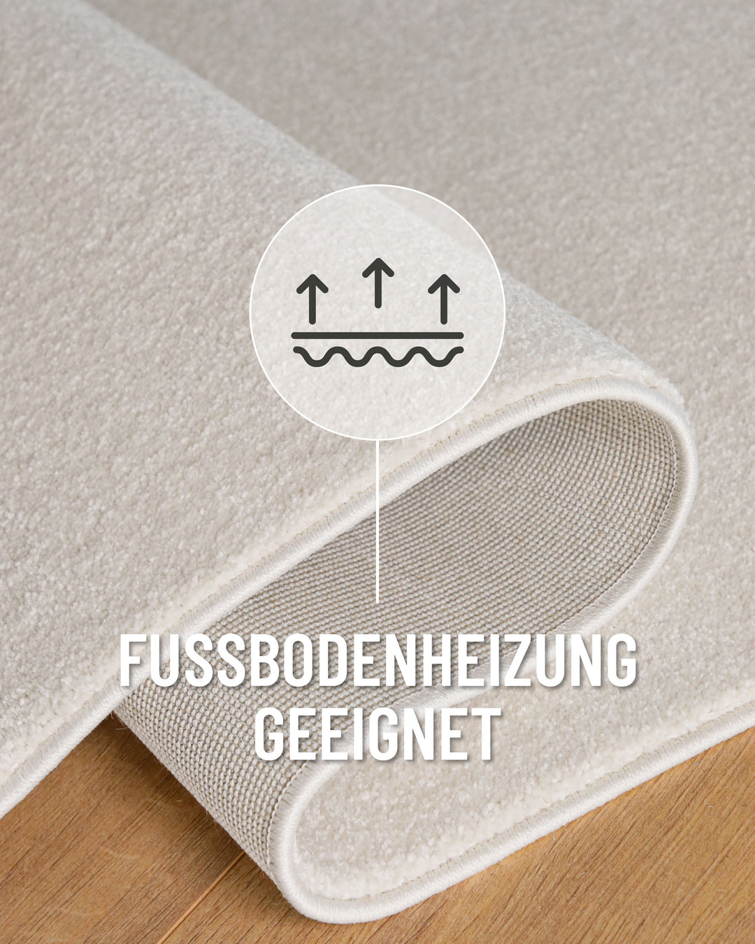 Kurzflor Teppich Vegas Creme rund Detail mit umgeschlagener Ecke und Symbol für Fußbodenheizung