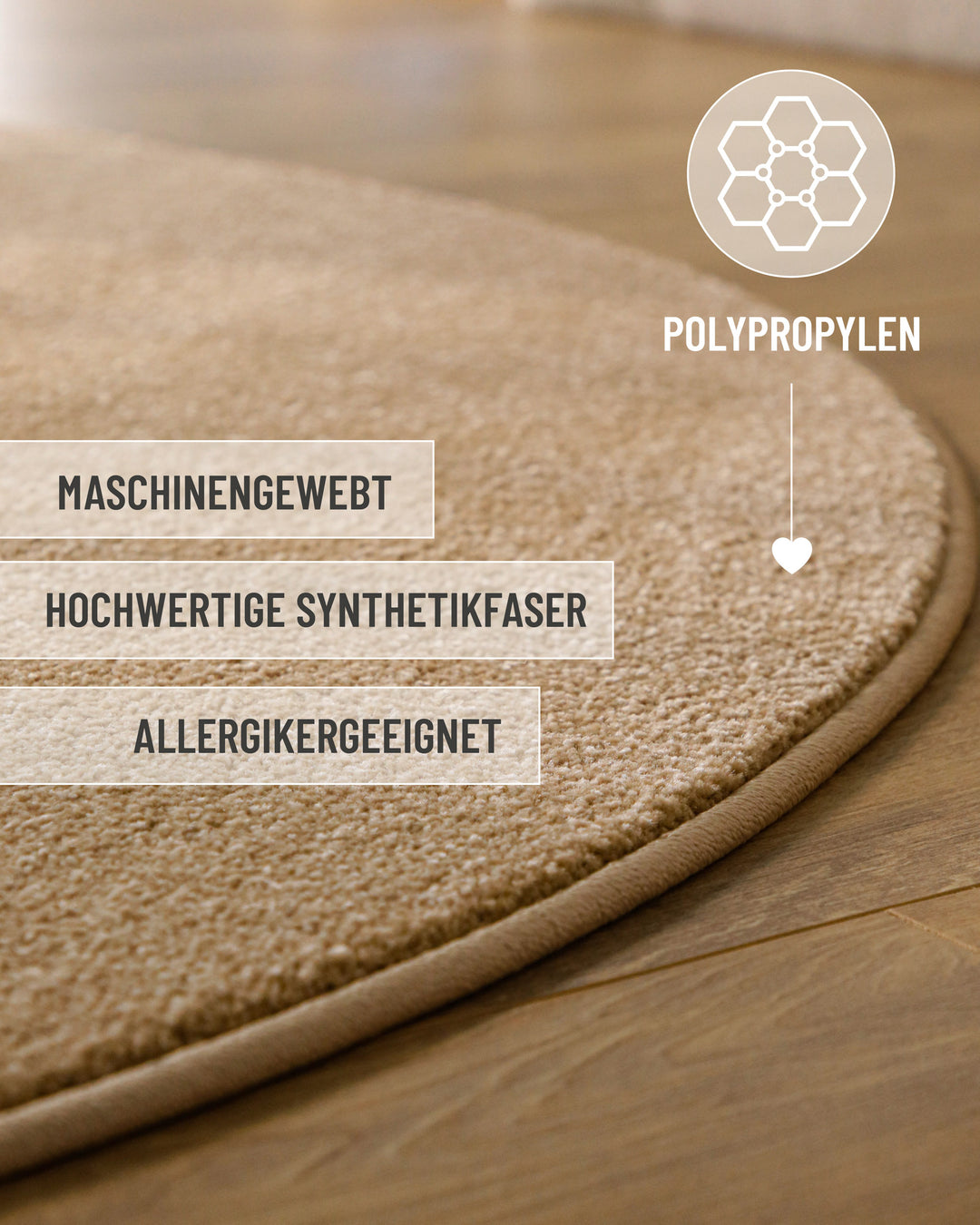 Kurzflor Teppich Vegas Beige rund mit Materialinfos zu Polypropylen und strapazierfähiger Verarbeitung