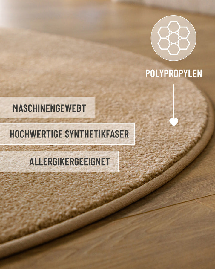 Kurzflor Teppich Vegas Beige rund mit Materialinfos zu Polypropylen und strapazierfähiger Verarbeitung
