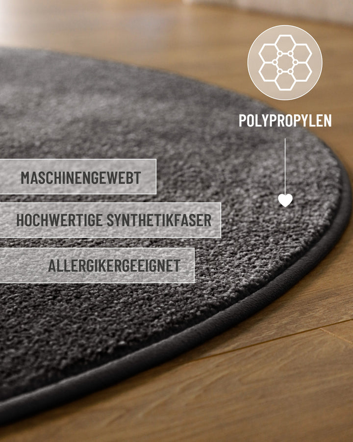 Kurzflor Teppich Vegas Anthrazit rund mit Materialinfos zu Polypropylen und strapazierfähiger Verarbeitung