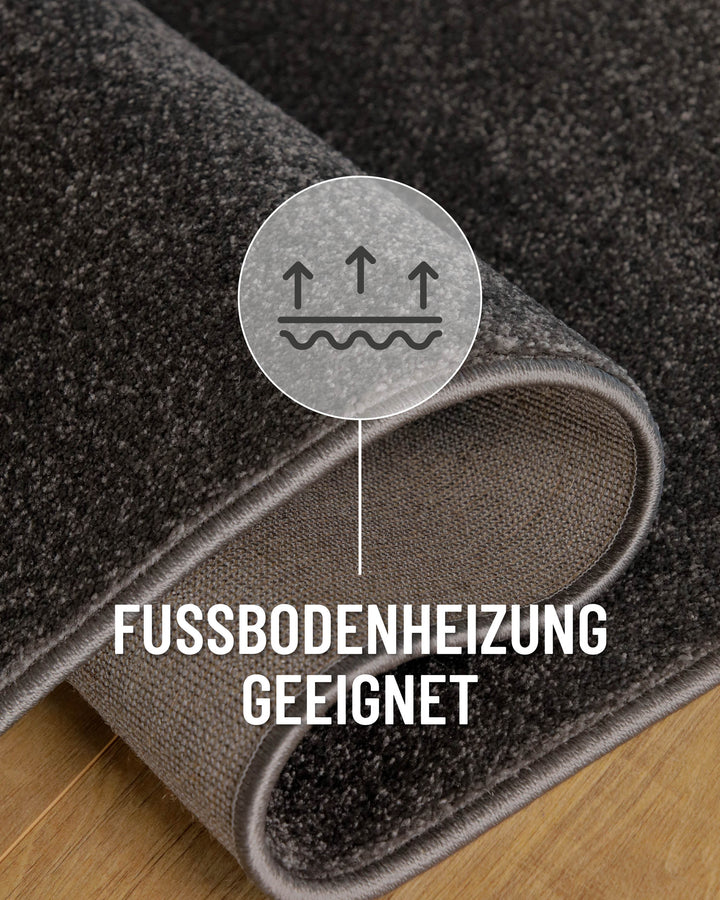 Kurzflor Teppich Vegas Anthrazit rund Detail mit Hinweis auf Fußbodenheizung geeignet