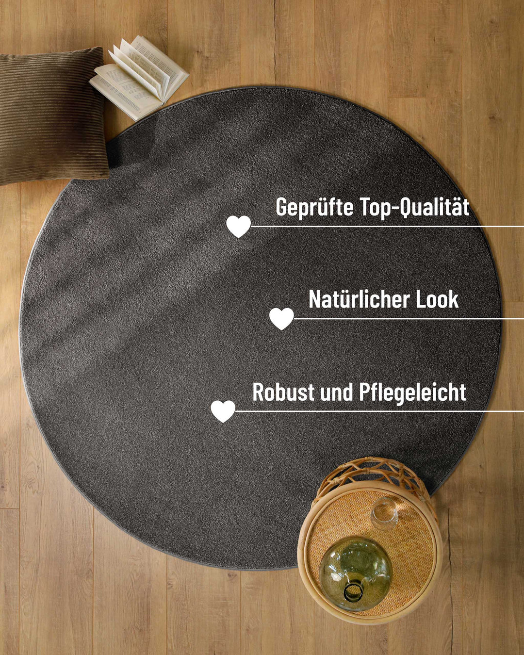 Kurzflor Teppich Vegas Anthrazit rund im Raum mit hervorgehobenen Eigenschaften wie robust und pflegeleicht