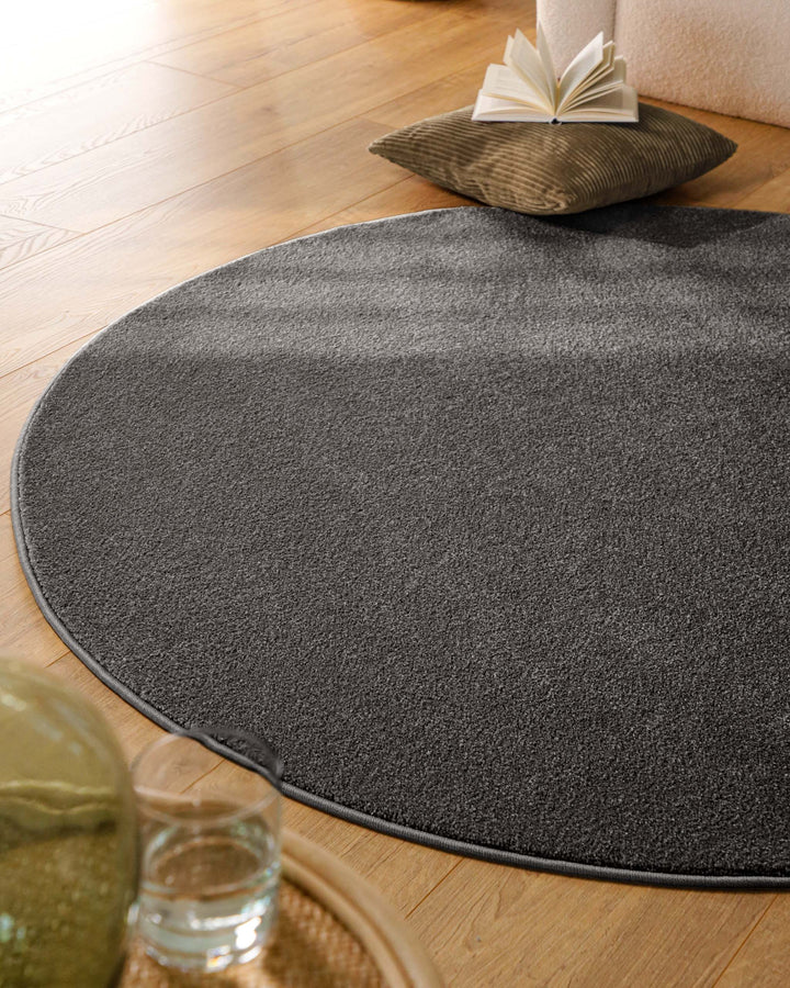 Kurzflor Teppich Vegas Anthrazit rund im Wohnraum aus schräger Perspektive mit natürlichem Lichteinfall