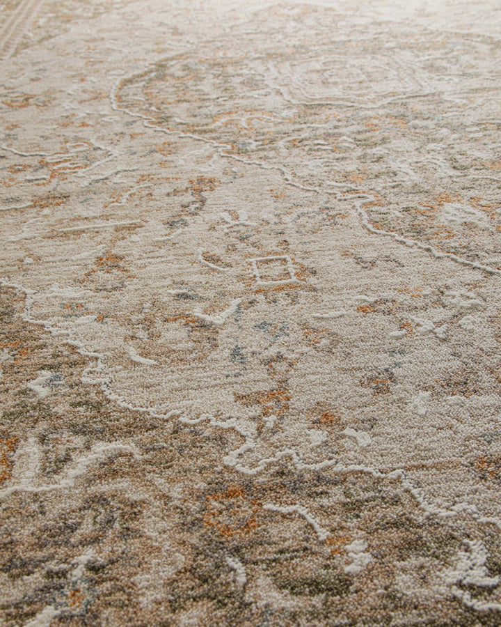 Kurzflor Teppich Soft Vintage in Sand Beige Detailaufnahme des klassischen Vintage Musters auf strukturierter Oberfläche