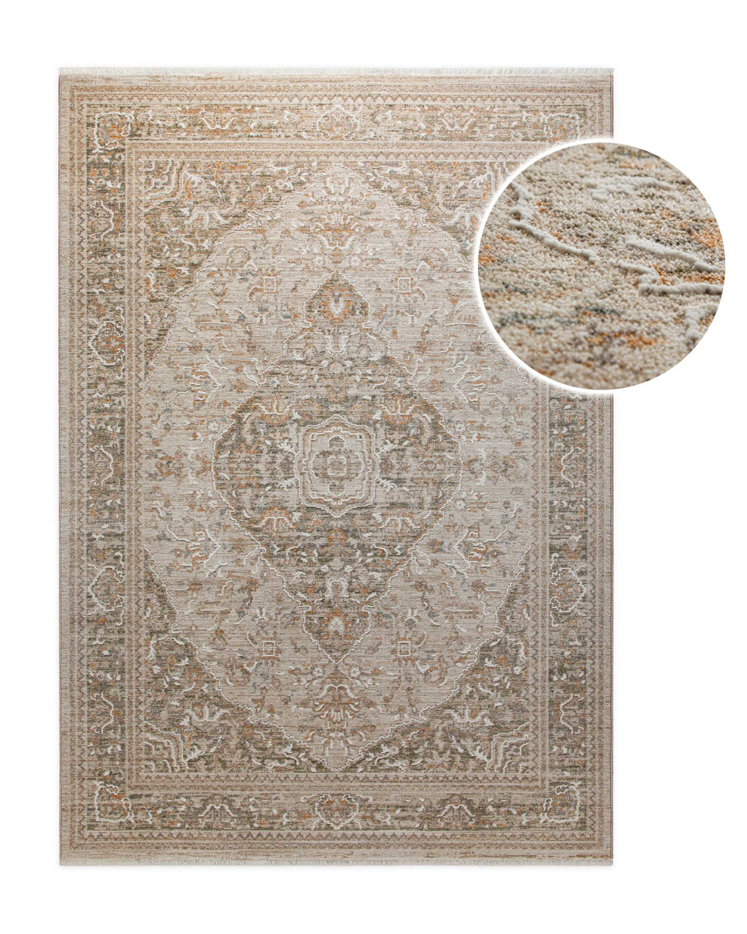 Kurzflor Teppich Soft Vintage in Sand Beige mit klassischem Vintage Muster, Detailansicht mit vergrößertem Musterausschnitt