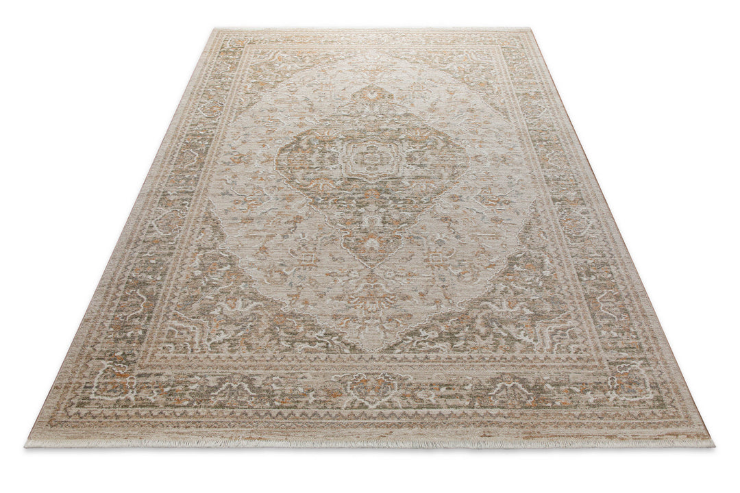 Kurzflor Teppich Soft Vintage in Sand Beige in Produktansicht von oben mit klassischem Vintage Muster