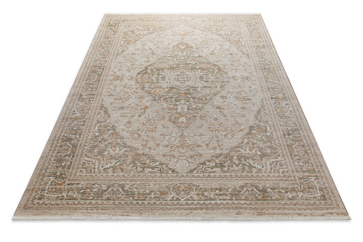 Kurzflor Teppich Soft Vintage in Sand Beige in Produktansicht von oben mit klassischem Vintage Muster