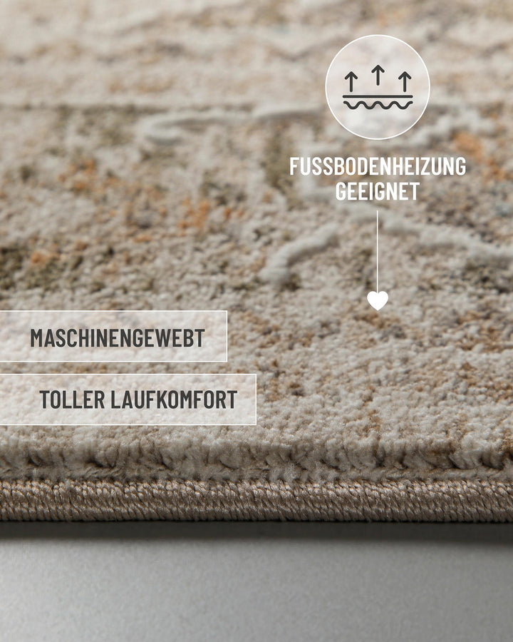 Kurzflor Teppich Soft Vintage in Sand Beige mit eingeblendeten Komfort und Materialeigenschaften