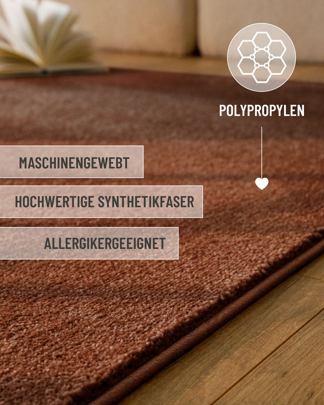 Kurzflor Teppich Vegas Rot Detailaufnahme mit Einblendung zu Material und Pflege, dichter Kurzflor erkennbar