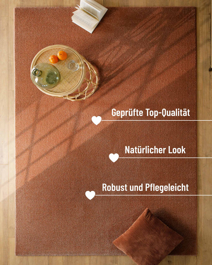 Kurzflor Teppich Vegas Rot im Raum mit Einblendung zu Eigenschaften, Fläche unter Tisch und Licht sichtbar