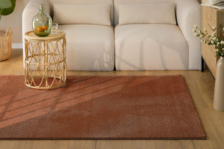 Kurzflor Teppich Vegas Rot im Wohnzimmer aus Perspektive, Licht fällt über die einfarbige Fläche